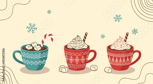 Three cozy mugs of hot chocolate with whipped cream marshmallows and candy canes decorated with festive winter patterns.