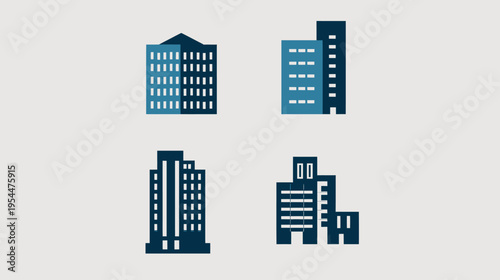 Four building icons of varying styles on a light gray background, two tone blue