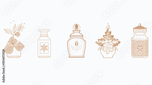 Five beige illustration with flowers in containers, jars on a white background