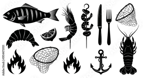 Seafood Restaurant and Marine Elements Collection Vector