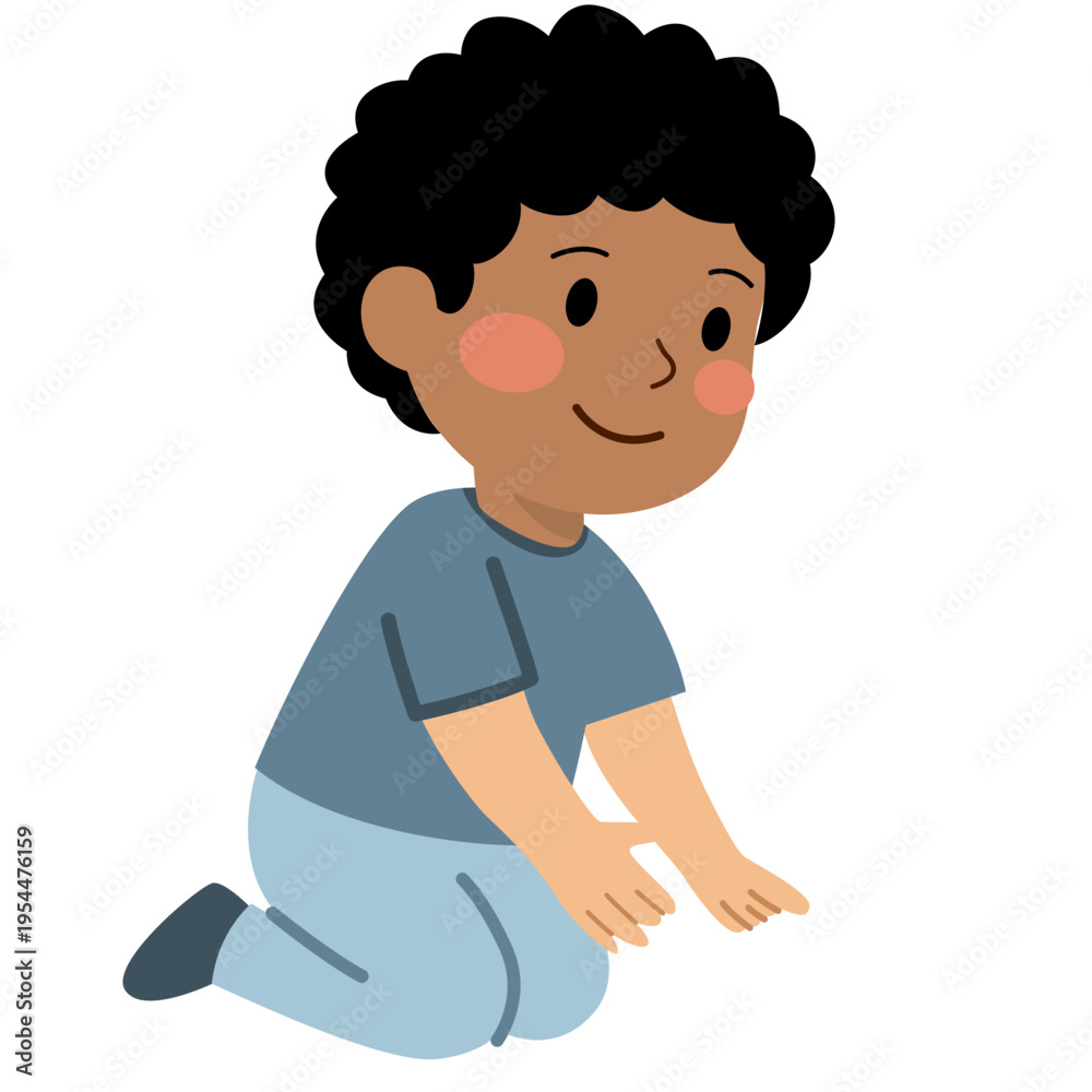 Fototapeta premium Child with curly hair sitting in blue shirt, children activity, childhood play, relaxed moment, and happy kid illustration.