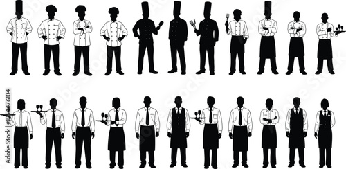 Restaurant staff silhouettes set with chefs and waiters isolated on white background, hospitality service concept, uniform workers, food industry, professional team illustration design