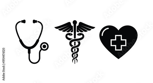 Medical icons depicting healthcare symbols in a dark silhouette