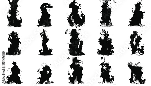 Fifteen distinct black ink smoke plumes or fire shapes create a vertical collection of abstract icons on.