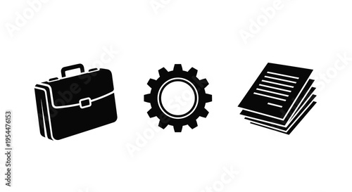 Briefcase gear and documents depicted in a stark black silhouette