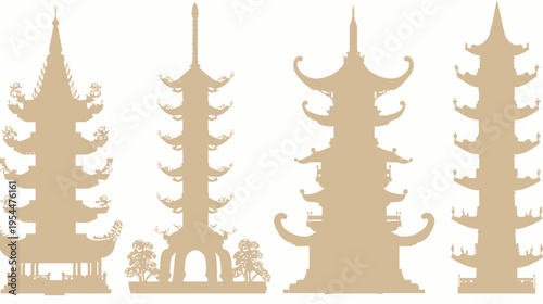 Four ornate Asian pagodas in a light brown silhouette stand against a white backdrop