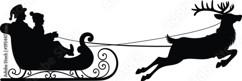 Santa Claus sleigh with reindeer silhouette vector illustration, Christmas holiday scene, black and white festive design, flying sleigh graphic for decoration, greeting cards, and branding