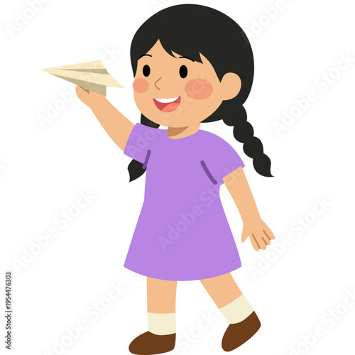 Happy girl throwing paper airplane, children play, childhood fun, kids activity, imagination, creative play, and joyful learning moment.