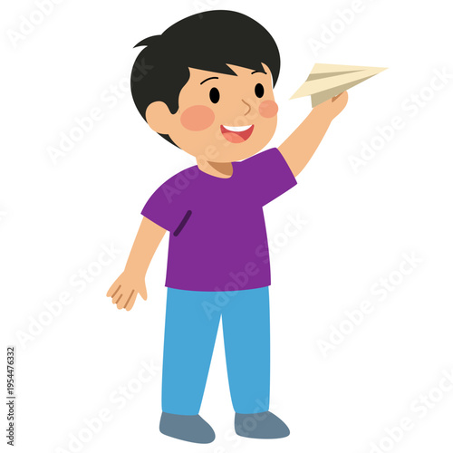 Happy boy throwing paper airplane, children play, childhood fun, kids activity, imagination, creative play, and joyful learning moment.