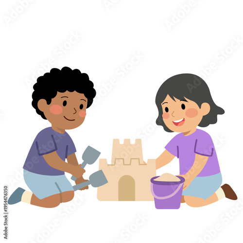 Children building sand castle for labor day, construction skills, teamwork, future workers, childhood development, education, and collaborative learning through creative play.