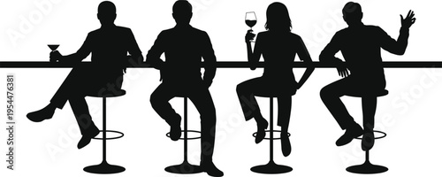 PrintSilhouette of diverse friends sitting at bar counter drinking cocktails and wine 