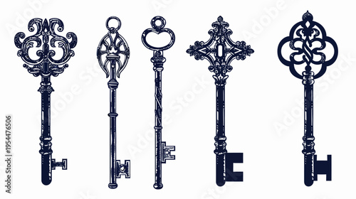Five ornate, intricately designed antique keys, in dark blue, on a white background