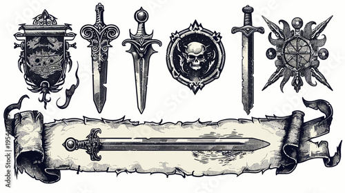 Stylized monochrome drawing of swords, shields, banner and skull emblem on a white backdrop