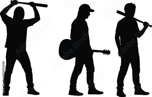 PrintSilhouette of three people, baseball bat and guitar, sports and music contrast, lifestyle illustration, teamwork