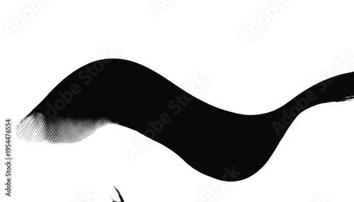 A single black, flowing, wavy brushstroke element stretches horizontally across the white canvas.