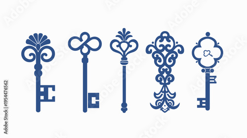 Five detailed, blue key illustrations with distinct, decorative ornate patterns