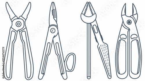 A line art illustration of various pliers, showcasing detailed outlines on a white backdrop