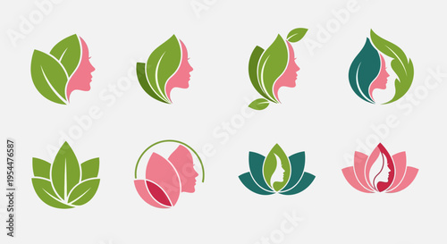 Natural Beauty Logo Set – Leaf Face Woman Eco Skincare Vector Collection
