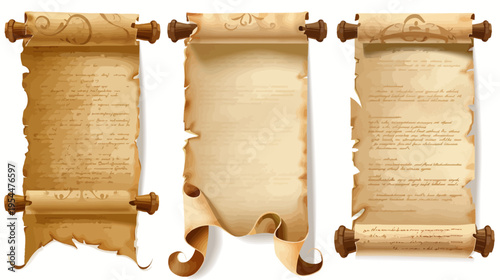 Three antique scrolls with aged paper, wooden rods and calligraphic text details