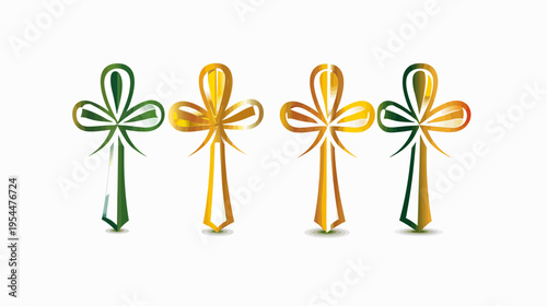 Four stylized crosses in green and gold with a whimsical, almost clover-like design