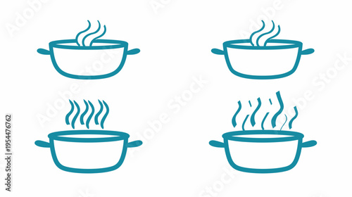 Simple illustration of four steaming pots, outlined in teal, isolated on white