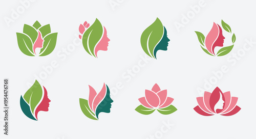 Natural Beauty Logo Set – Leaf Face Woman Eco Skincare Vector Collection