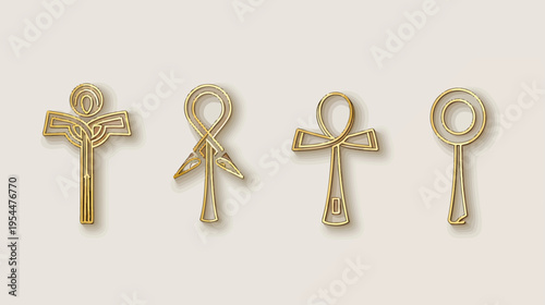 Four golden, stylized Egyptian Ankhs displayed on a light beige background, with shadow effects