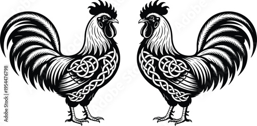 Symmetrical rooster silhouette vector illustration, black and white detailed chicken design with ornamental pattern, mirrored farm animal graphic for logo, tattoo, packaging, and branding