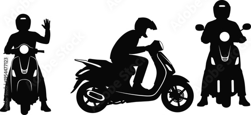 PrintSilhouette scooter riders with helmets, waving gesture illustration, urban transport lifestyle concept, safety riding posture art