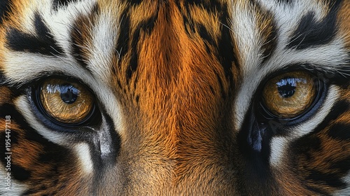 Red tiger face close up with striking big eyes and intense gaze
