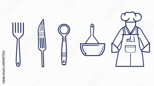 Blue outlines of cooking utensils and a chef's uniform on a white background