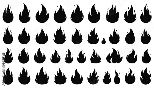 Numerous black silhouette flame icons are arranged in four rows demonstrating various sizes and styles.