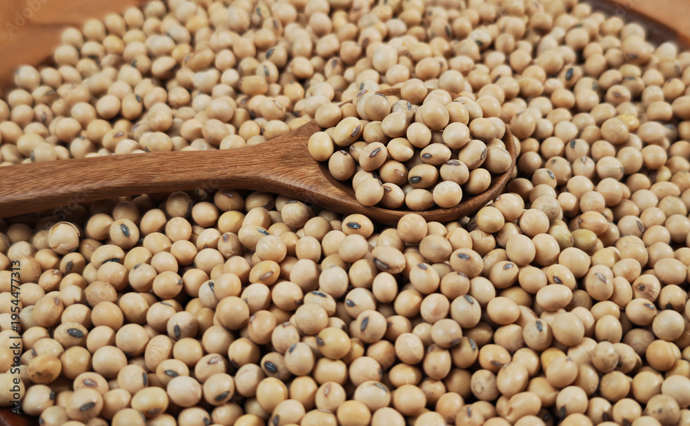 Obraz premium Soybeans in a wooden spoon on plate.