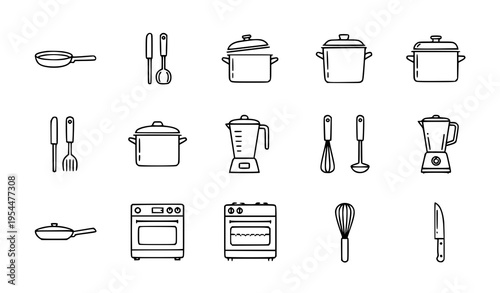 Outline kitchen icon pack vector set with utensils, cookware, and appliances for UI