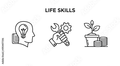 Life skills icons representing ideas tools and growth silhouette