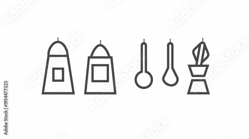 Line art of containers, spoons, and a plant, suspended on white background