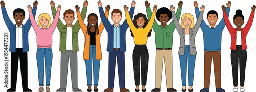 Large diverse group of people raising hands together, multicultural men and women illustration, unity and teamwork concept, inclusive community, modern flat design, social diversity