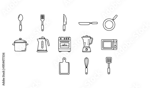 Clean outline kitchen icon set with utensils, appliances, and cookware for UI design