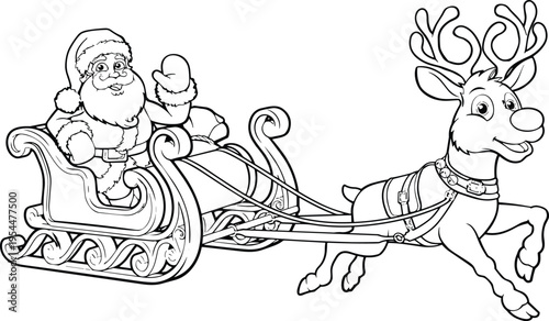 Santa Claus riding sleigh with reindeer Christmas line art illustration, festive holiday coloring page style, winter cartoon character, traditional Santa sleigh ride scene illustration