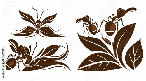 Three stylized brown ants with leaves in different poses against a white background