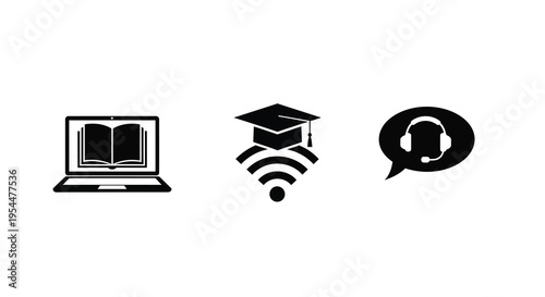 Education icons laptop graduation cap and headphones silhouette