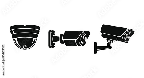Three security cameras displayed in a simple black silhouette