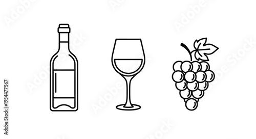 Wine bottle glass and grapes depicted in a linear silhouette