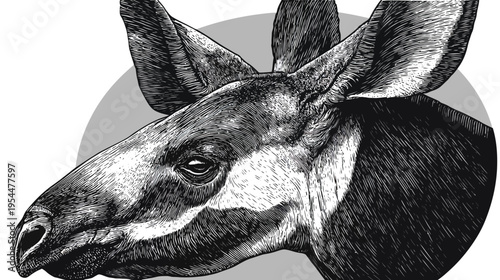 Engraved-style illustration of a moose head, detailed hatching, grayscale with circular background