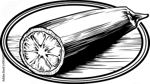 Stylized monochrome illustration of a halved zucchini inside an oval border