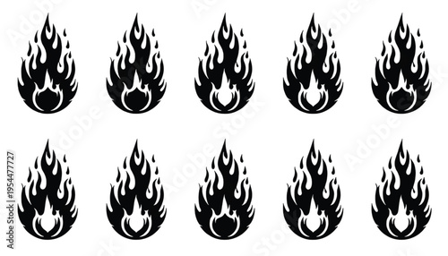 Ten intricate black tribal flame icons present a detailed and symmetrical representation of stylized fire.