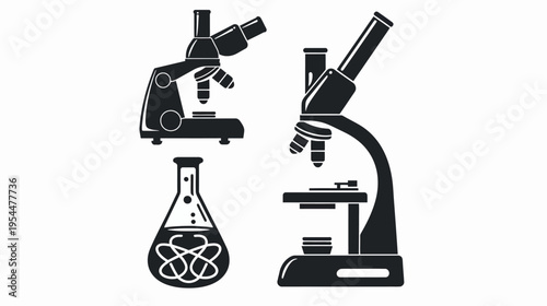 Black silhouettes of two microscopes and a Erlenmeyer flask on a white background