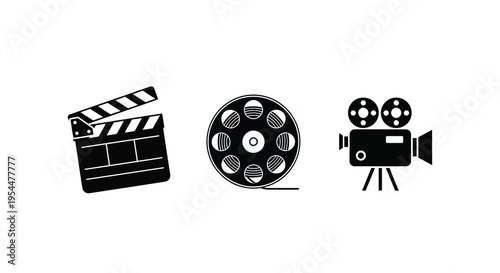 Film industry icons clapperboard reel and camera silhouette