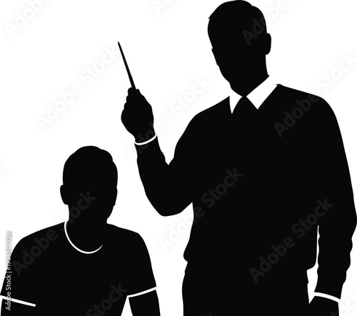 PrintSilhouette teacher with student, instruction guidance illustration, mentor learner concept, educational training art, classroom learning