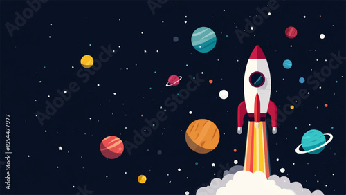 Vector illustration of rocket launching into space with planets